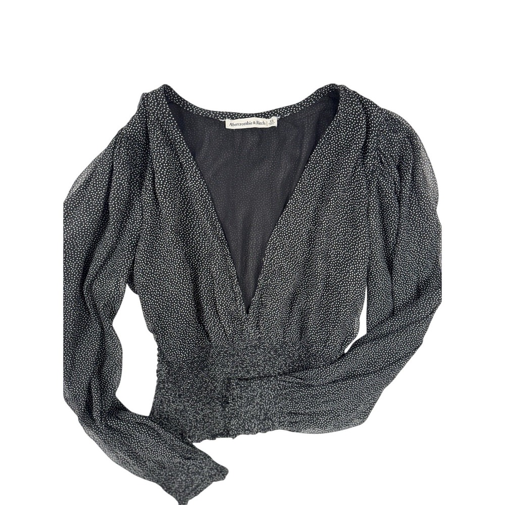 Abercrombie & Fitch Black Polka Dot Smocked‎ Waist Blouse XS Sheer Puff Sleeve